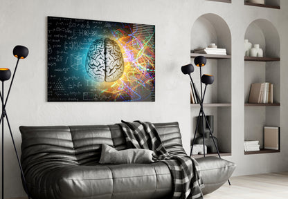 Chalk Equations and Neon Swirl Brain Glass Wall Art