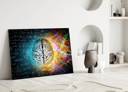 Chalk Equations and Neon Swirl Brain Glass Wall Art