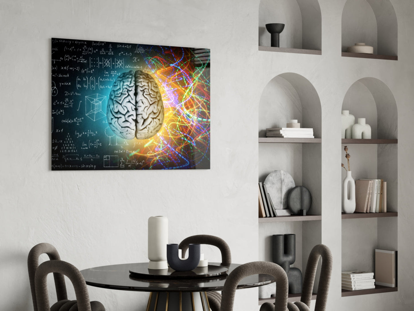 Chalk Equations and Neon Swirl Brain Glass Wall Art