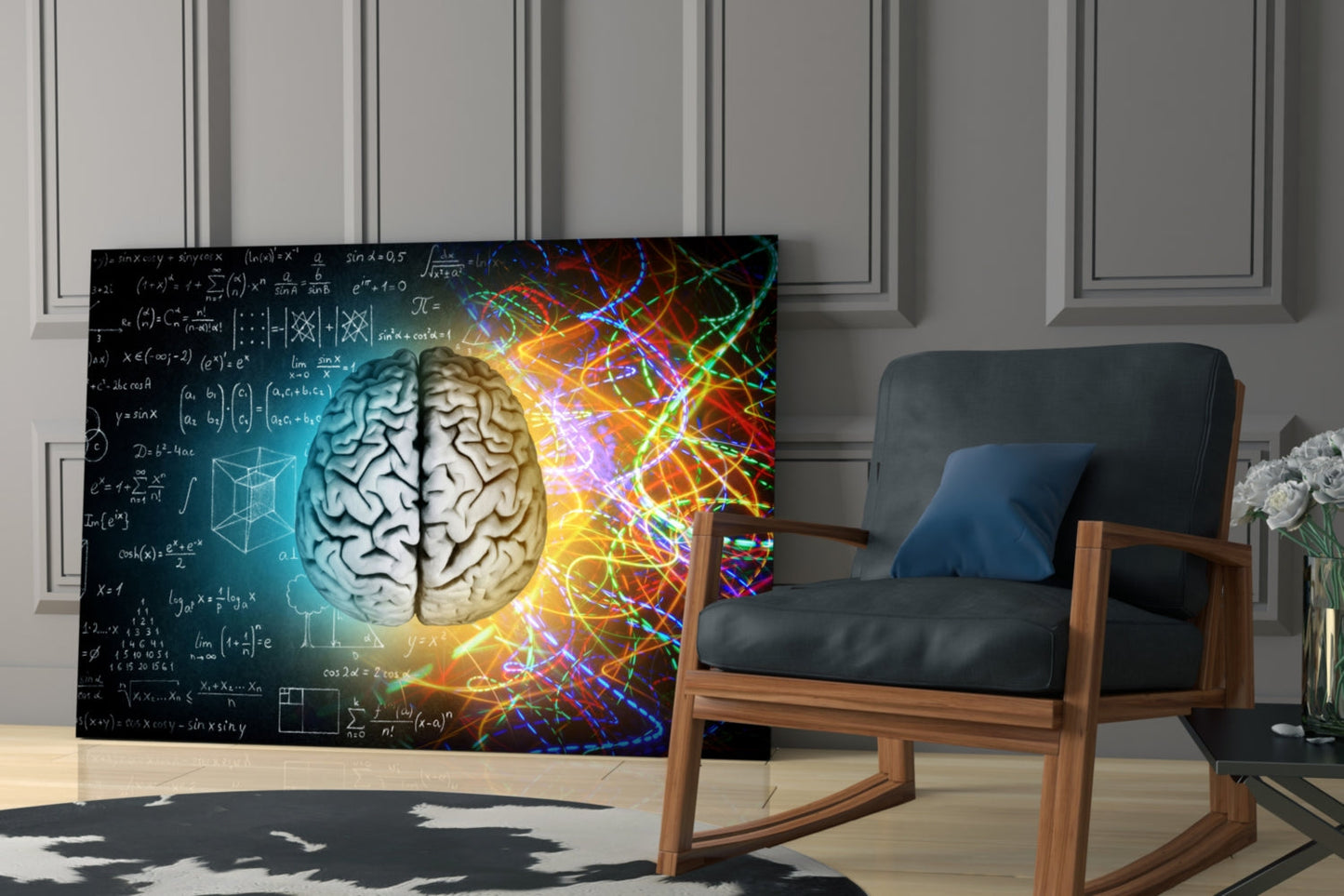 Chalk Equations and Neon Swirl Brain Glass Wall Art